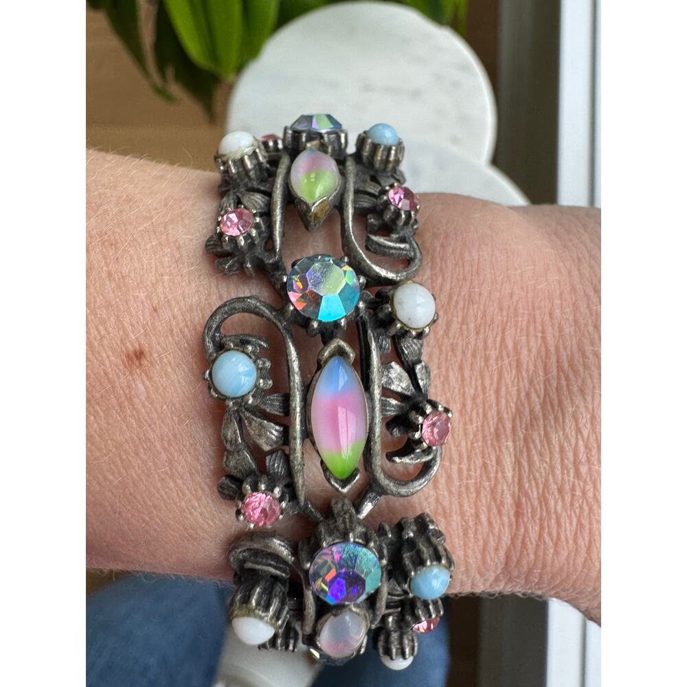 Vintage Signed FLORENZA AB Rainbow Pink Blue Rhinestone Bracelet FAB Jewelry 7”